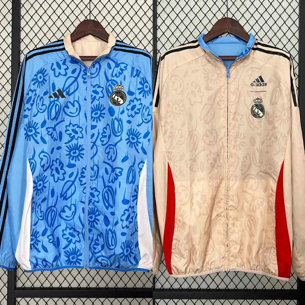 Real Madrid Blue&Beige Trench Coat Reversible Windbreaker Jacket 2024