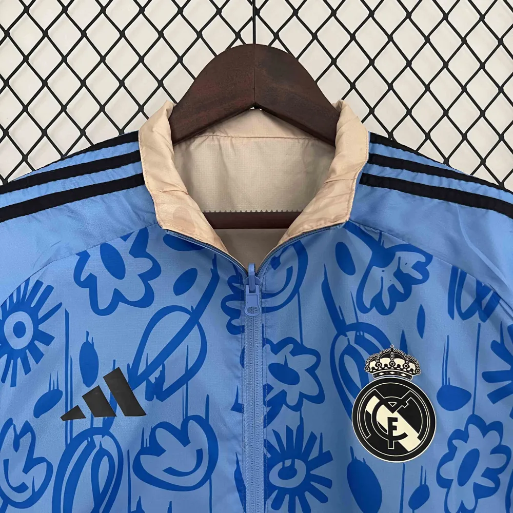 Real Madrid Blue&Beige Trench Coat Reversible Windbreaker Jacket 2024 - 图片 7