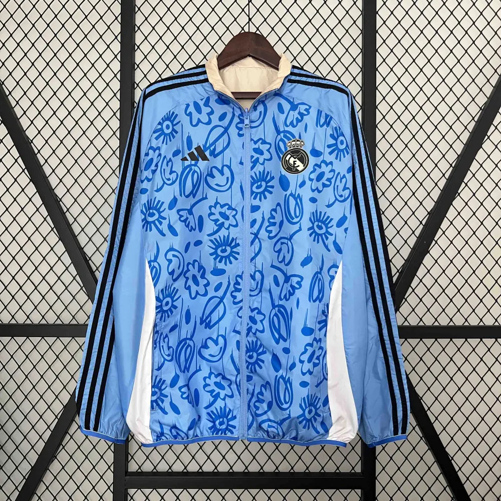Real Madrid Blue&Beige Trench Coat Reversible Windbreaker Jacket 2024 - 图片 5