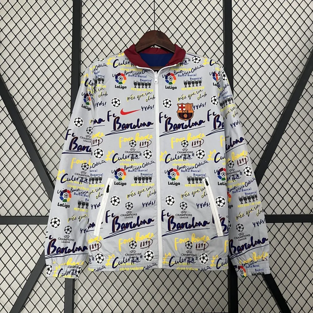 23-24 Barcelona Reversible Windbreaker Red&White Double-Sides Jacket Best Jerseys - 图片 3